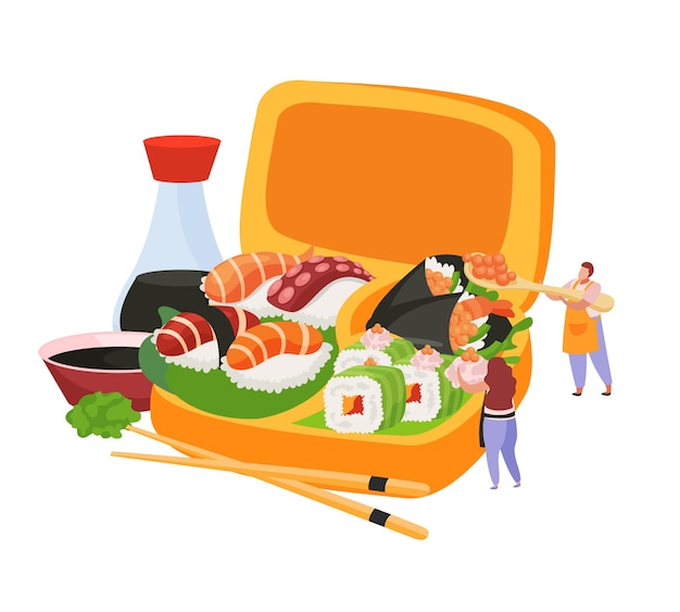 sushi flat composition with sushi set in box soy sauce and wasabi illustration