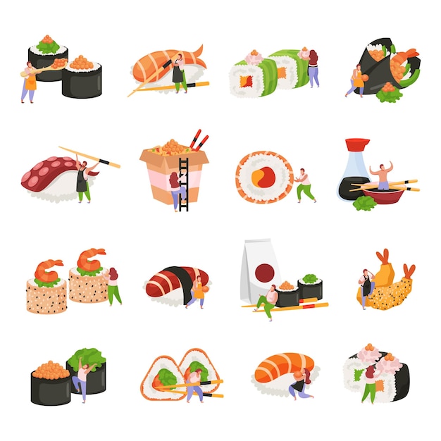 Sushi flat icon set with gunkan maki nigiri temaki sashimi and maki tempura and wok vector illustration