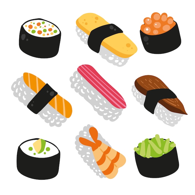 Бесплатное векторное изображение Коллекция иконок суши
