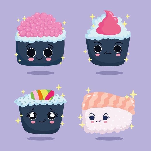 sushi japanese kawaii icons set