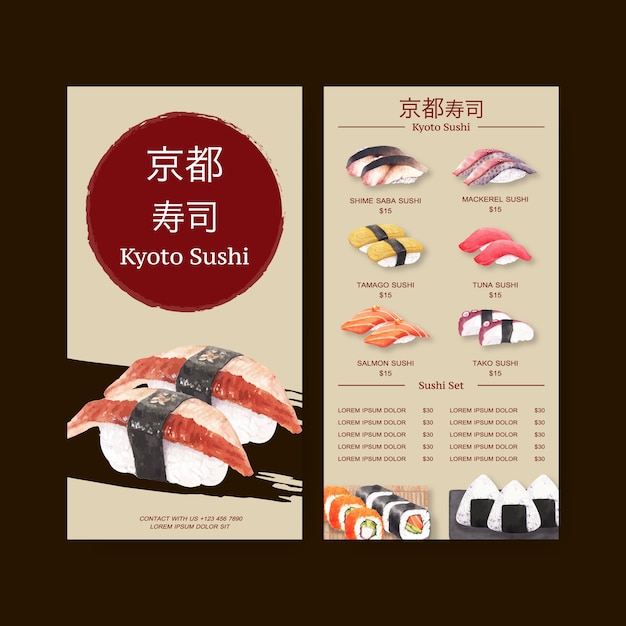 Sushi menu collection for restaurant. template with food watercolor illustrations.