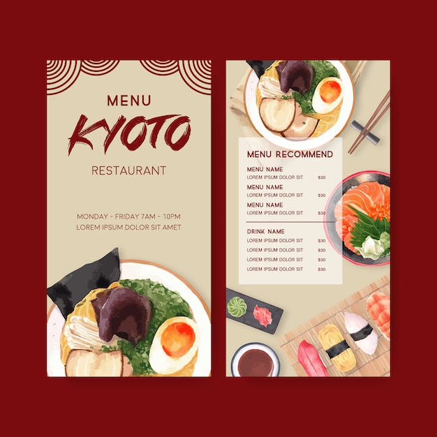 Sushi menu collection for restaurant. template with food watercolor illustrations.