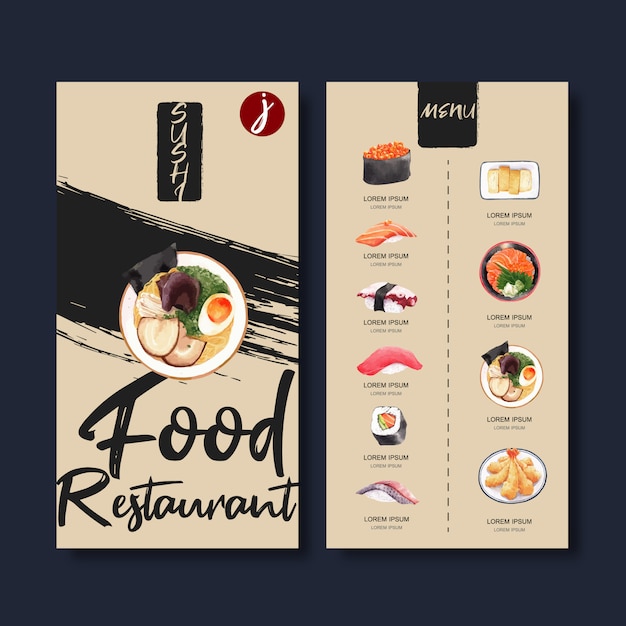 Vettore gratuito collezione di menu di sushi per ristorante. modello con illustrazioni ad acquerelli alimentari.