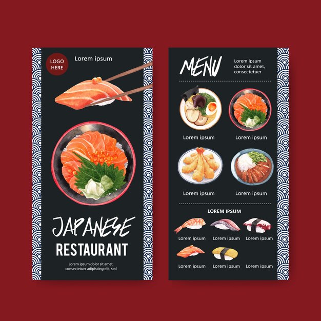 Sushi menu collection for restaurant. template with food watercolor illustrations.