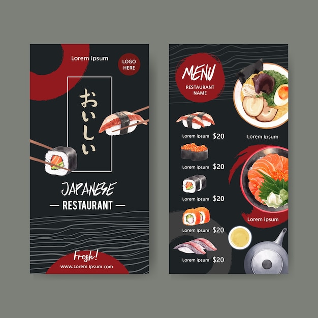 Collezione di menu di sushi per ristorante. modello con illustrazioni ad acquerelli alimentari.