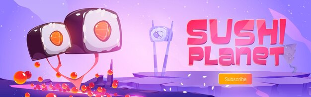 Sushi planet banner with fantasy landscape with trees with roll and ginger and salmon planet in sky
