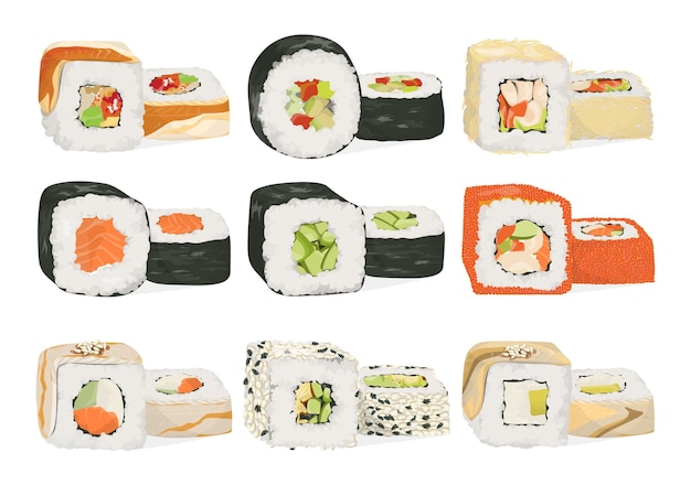 Set di rotoli di sushi ripieno diverso come pesce, verdure e formaggio