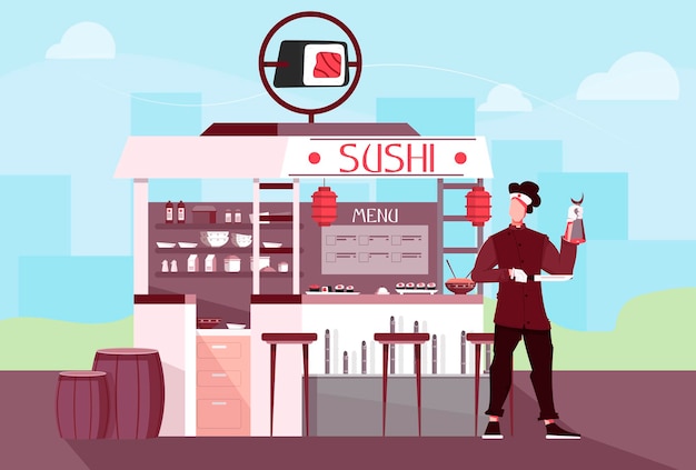 Бесплатное векторное изображение Плоская композиция людей из суши-магазина с открытым пейзажем и городским пейзажем с ресторанным киоском и человеческим характером