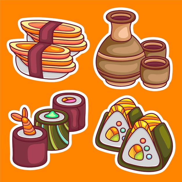 Sushi sticker icons hand drawn coloring vector