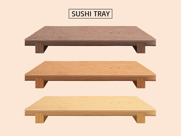 Sushi tray collection 3d illustration wooden plate for design uses