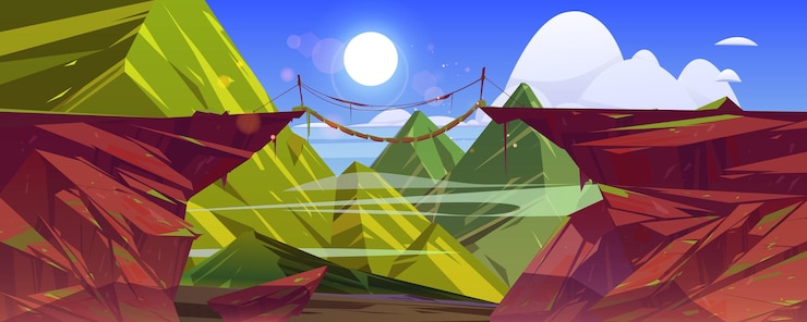 Free Vector suspended bridge hang above steep mountain cliff
