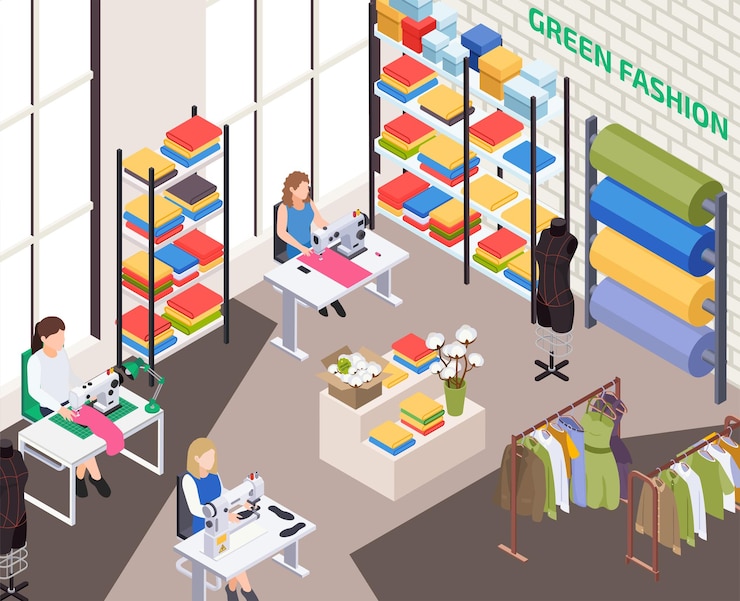 Free Vector sustainable clothes slow fashion isometric composition with indoor view of green fashion workshop with working places vector illustration