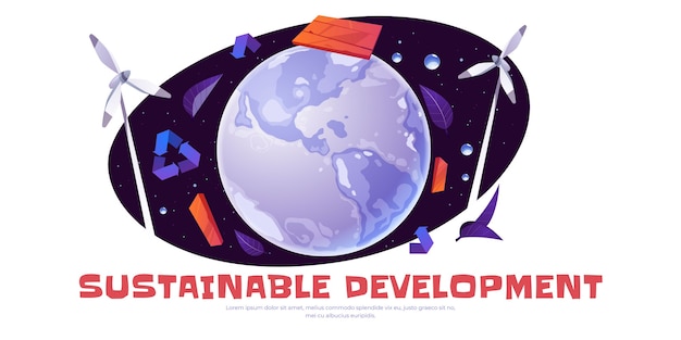 Sustainable development banner with earth globe, wind turbines, recycling symbols and leaves