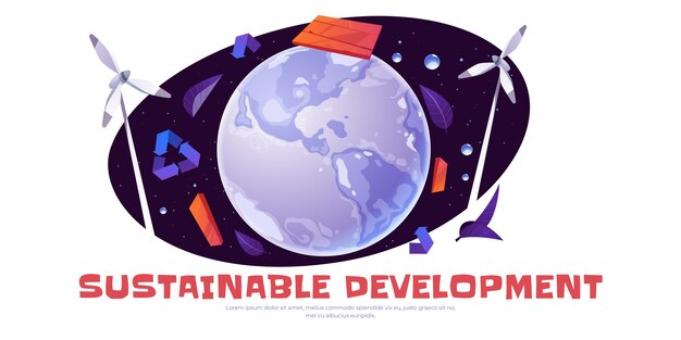 Sustainable development banner with earth globe, wind turbines, recycling symbols and leaves