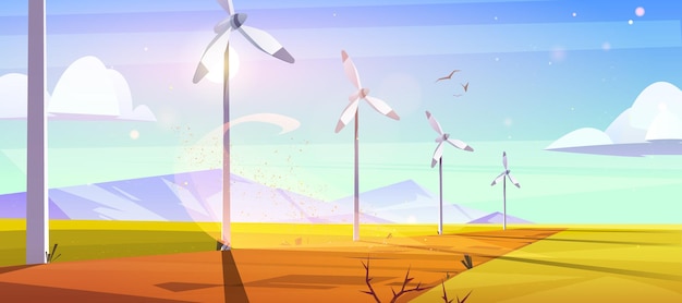 Sustainable energy farm with wind turbines on green field. vector cartoon illustration of alternative power generation with summer landscape with windmills and mountains