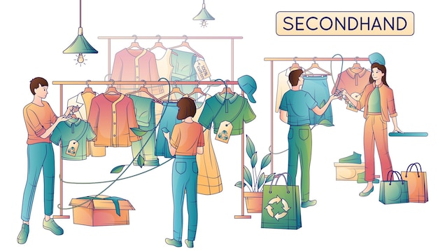 Illustrazione vettoriale piatta di moda sostenibile che mostra gli acquirenti che scelgono abbigliamento etico economico in un negozio di seconda mano
