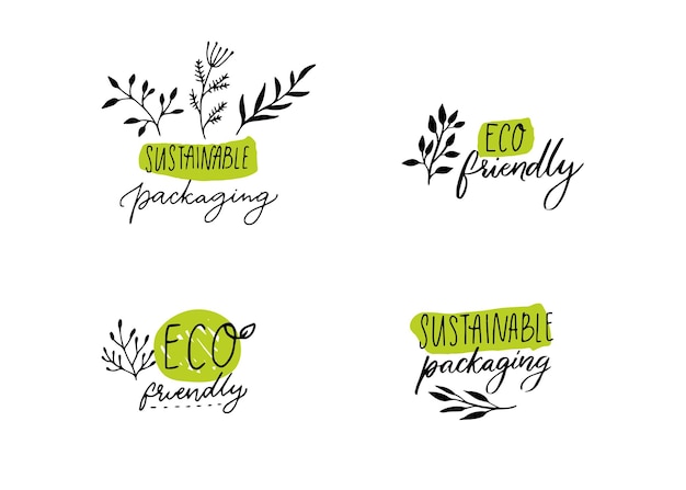 Sustainable packaging labels for eco friendly products set of  signs with plants branches and leaf