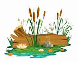 Free vector swamp composition with isolated view of marsh with water lilac flowers stones mushrooms and wooden trunk vector illustration