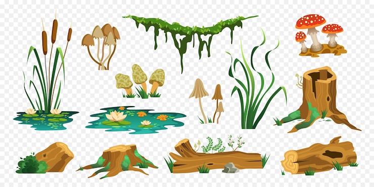 Free Vector swamp forest color set of isolated icons with wooden trunks stubs mushrooms moss and water plants vector illustration