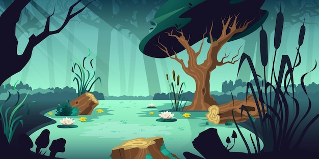 Swamp forest composition with cartoon style landscape huge trees and water with plants and water flowers vector illustration