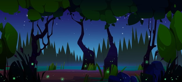 Free vector swamp in forest at night cartoon vector of dark evening woodland landscape with pond trees and plants with glowing flying fireflies summer or spring midnight wetland scenery with glowworms