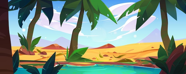 Free vector swamp and palm tree in egypt desert oasis landscape backdrop clouds in sky and cartoon arabian sahara land scene with tropical leaves drought illustrated game panorama with nature on water coast