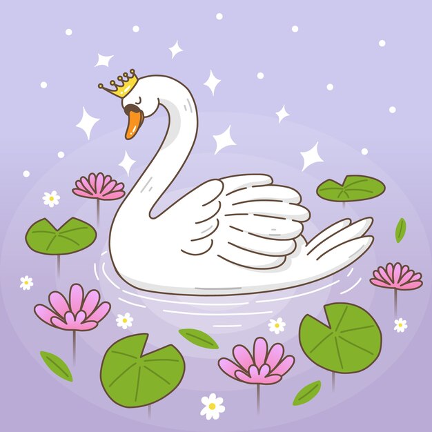 swan cartoon princess on a lake with water lilies