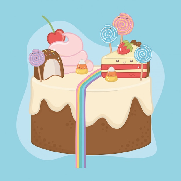 Free vector sweet cake of chocolate cream with kawaii characters