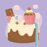 Free vector sweet cake of chocolate cream with kawaii characters