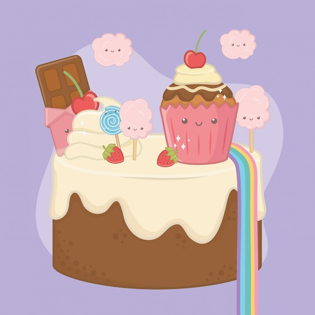 かわいいキャラクターとチョコレートクリームの甘いケーキ