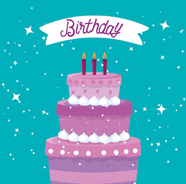 Free vector sweet cake with candles and ribbon to happy birthday