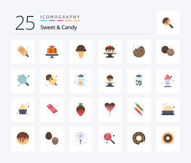 Pacchetto di icone sweet and candy 25 flat color che include torta di cibo dolce e biscotto