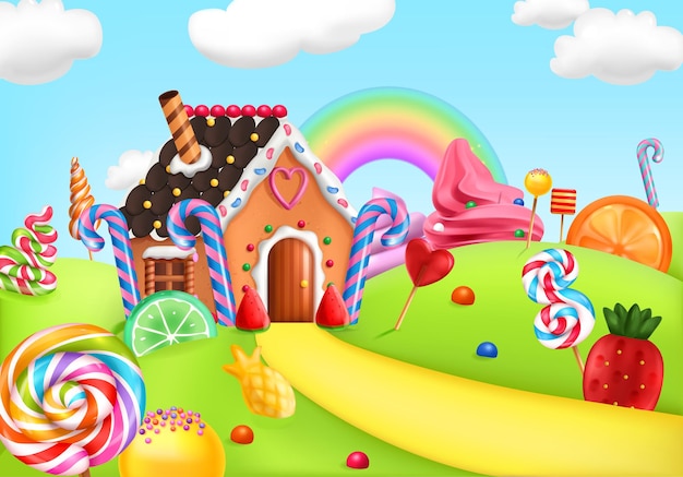 無料ベクター スイート・キャンディ・ランド (sweet candy land) はジンジャーブレッド・ハウス (gingerbread house) とアイスクリーム (ice cream) のストライプ付きのロリポップ (lollipops) とリアルなカラーのベクトルイラストで描かれています