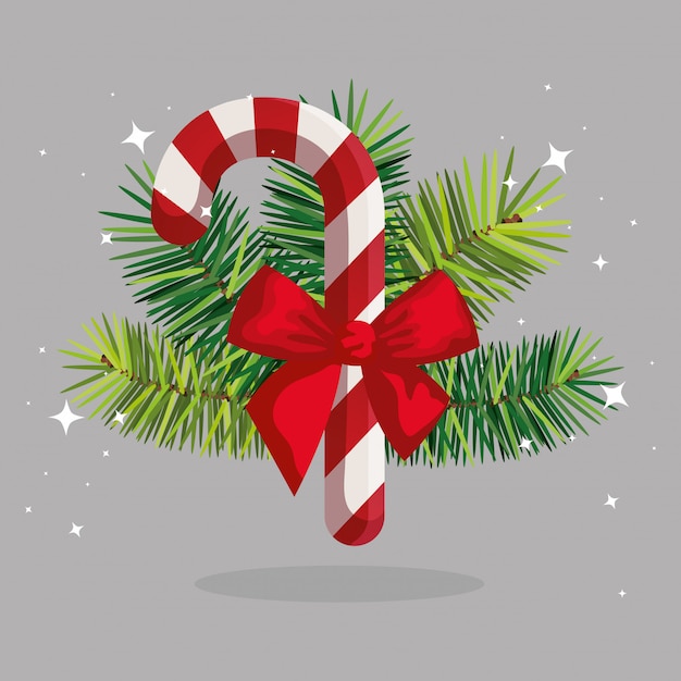 Free vector sweet cane christmas with bow ribbon and leafs