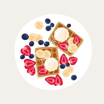 ベルギーワッフルとの甘いクラシックな朝食。上面図のベクトル図。ベルギーワッフルとアイスクリーム、イチゴ、ブルーベリー、バナナ。美しい朝食プレート