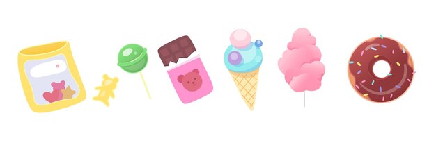 Sweet dessert set isolated on white background Jelly gummy candy green round lollipop brown milk chocolate in wrapping icecream in cone waffle pink candy cotton glazed donut ring