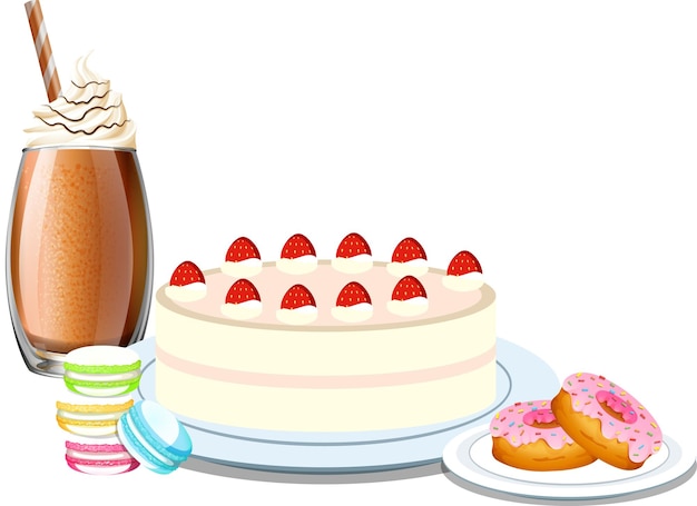 Free vector sweet dessert with strawberry cake and chocolate milk