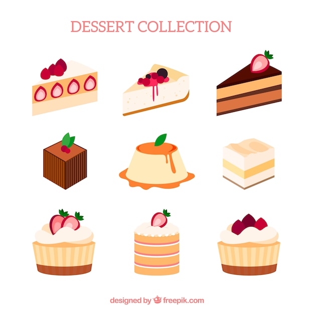 Vettore gratuito collezione dolci dessert in stile piatto