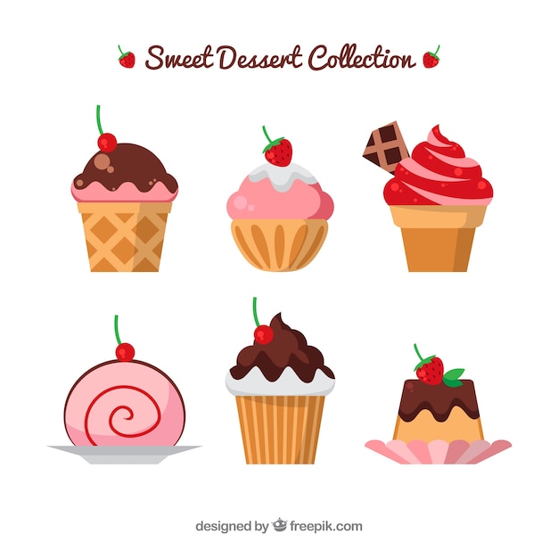 Коллекция сладких десертов в плоском стиле