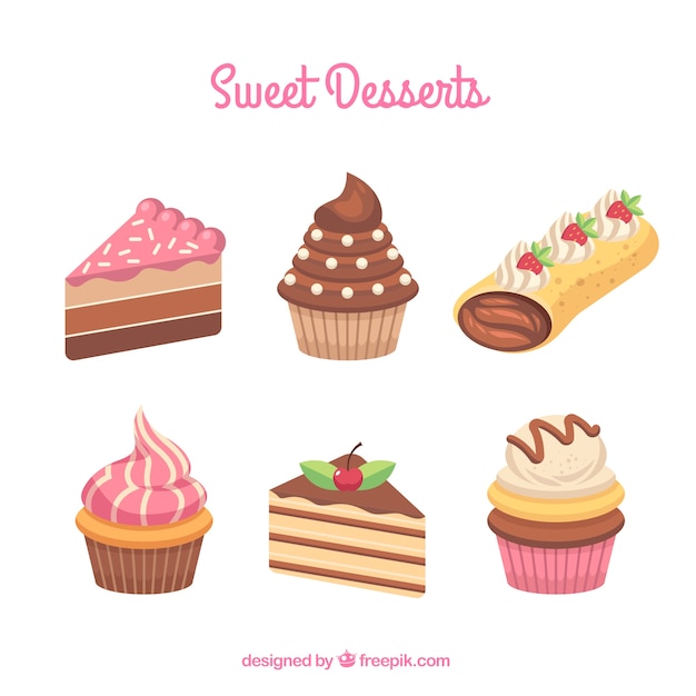 Vettore gratuito collezione dolci dessert in stile piatto