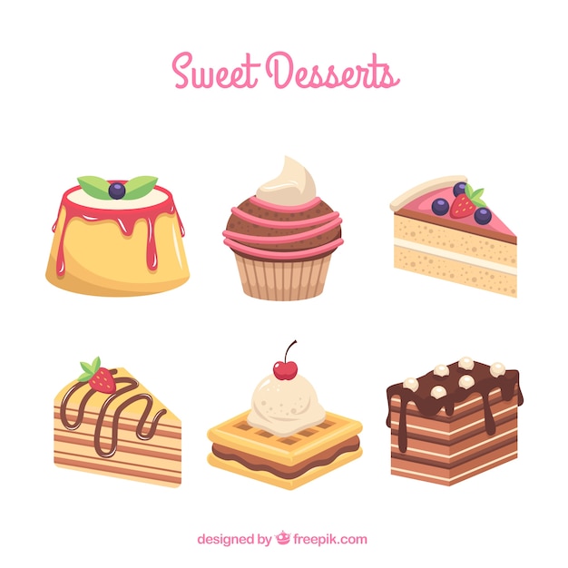 Коллекция сладких десертов в плоском стиле