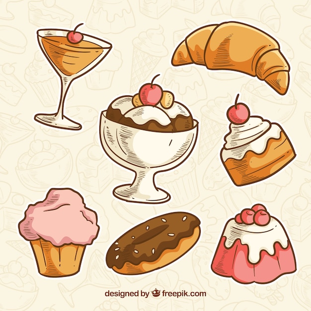 Vettore gratuito collezione di dolci dessert disegnata in stile disegnato a mano