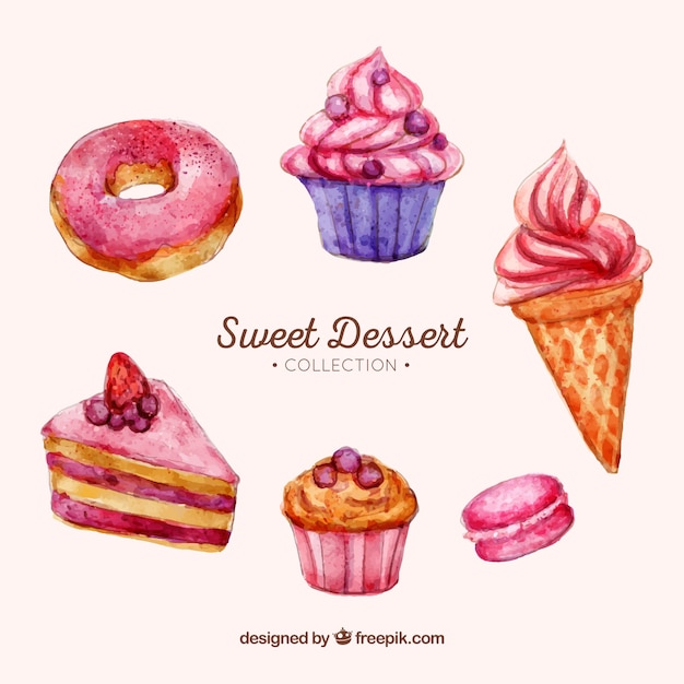 Sweet desserts collection in watercolor style