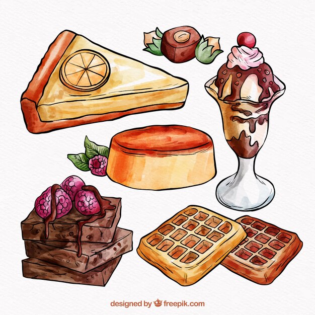 Sweet desserts collection in watercolor style