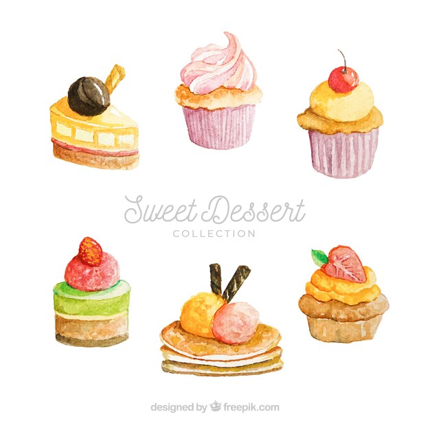 Sweet desserts collection in watercolor style