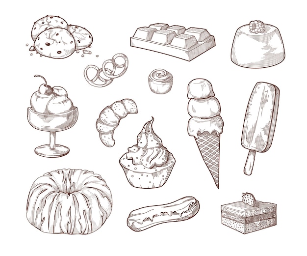 Sweet desserts sugar food sketch set