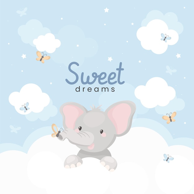 Sweet dreams illustration with cute little elephant on the clouds.