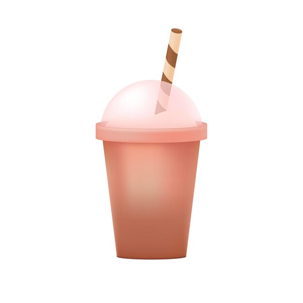 빨대 3D 삽화가 있는 플라스틱 컵에 달콤한 음료. 거품 차, 소다, 주스 또는 칵테일을 흰색 배경에 3D 스타일로 그린 만화. 음료, 디저트, 축하 컨셉