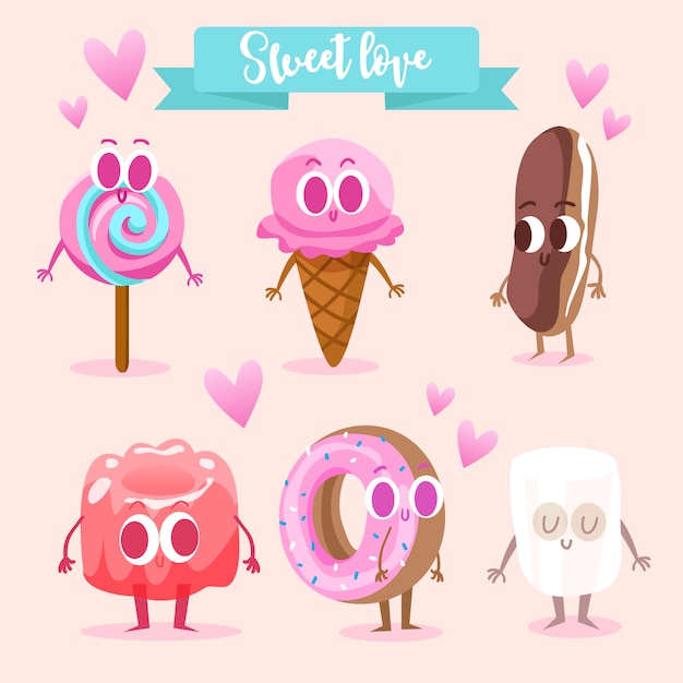 Бесплатное векторное изображение Коллекция персонажей сладкой пищи