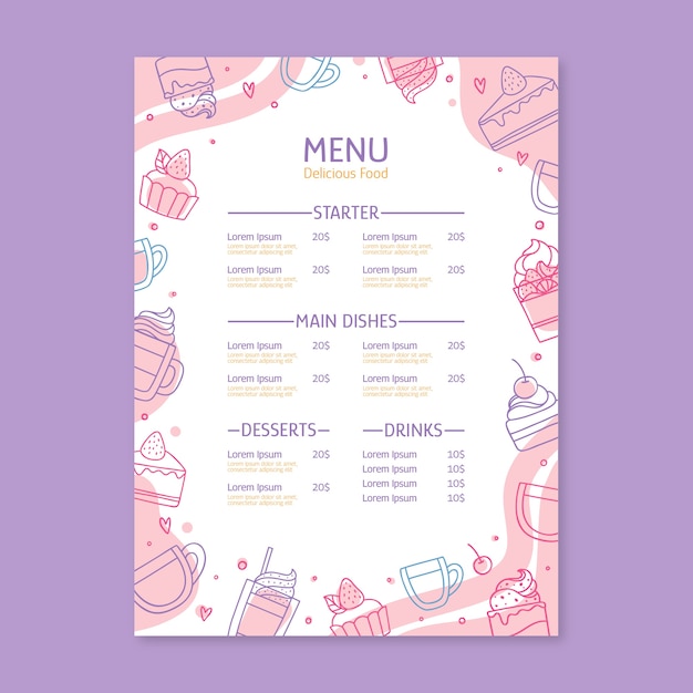 Бесплатное векторное изображение Шаблон меню сладкой еды